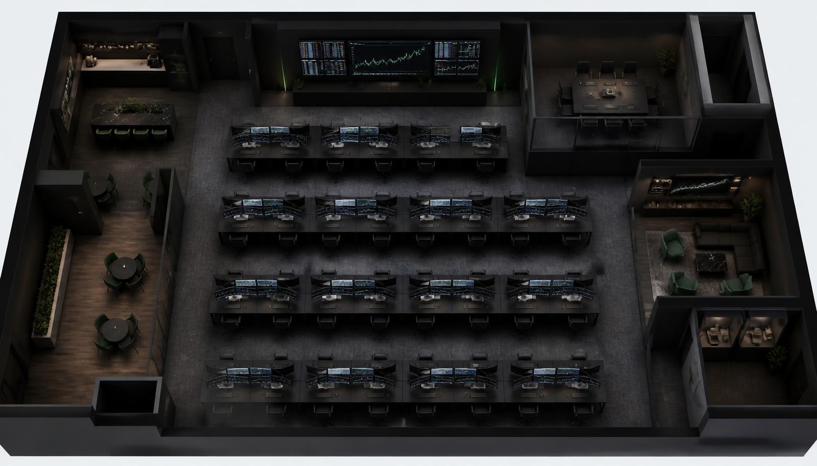 Plattegrond van The Funded Floor met trading desks, meeting room, lounge en coffee bar
